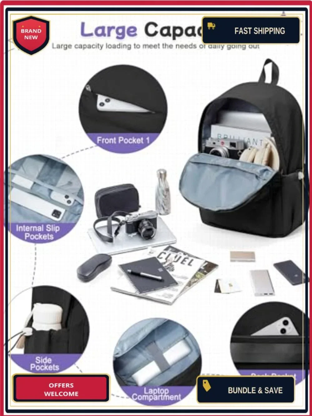Water Resistant Nylon Laptop Backpack for School Travel Commute